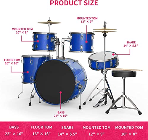Cuoote 22 Inch 5 Piece Full Size Complete Adult Drum Set With Adjustable Throne, Pedal & 2 Drumsticks,Thick Drum Skin & Double Braced Hardware, Stainless Steel Cymbals, Blue #TOP6