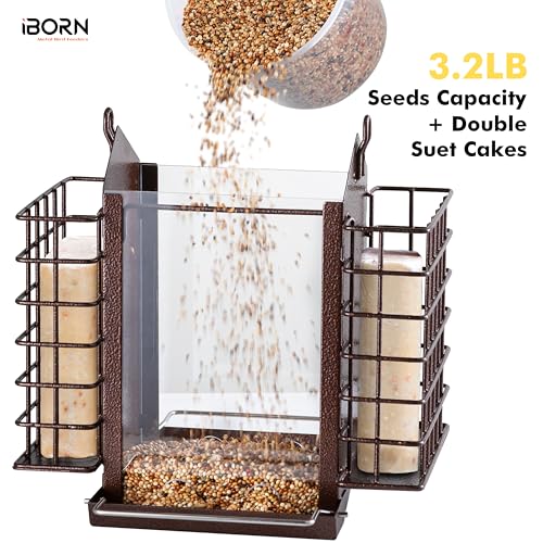 iBorn Bird Feeders for Outdoors,Bird Feeder with Double Suet Holders,Suet Feeder for Outside,Weatherproof Metal Roof,Easy to Refill&Clean,3.2 LBs Seed Capacity+2X Cake,1 Pack,Coffee Roof & Coffee Grid by iBorn - Image 6