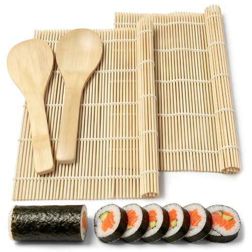ikosy 2 Pack White Bamboo Sushi Mat & 2 Rice Paddles, 9.4" Sushi Making Kit