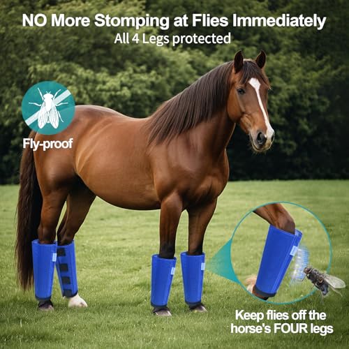 Image of Mesh Horse Fly Boots Set of 4, Loose Fitting Leggings for Horses, Reduce Stressful Stomping, Breathable Adjustable and Universal Fit for 4 Legs, Reliable Stay Put (Blue)