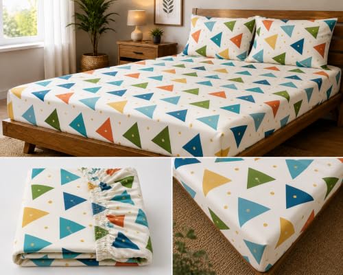 Image of Fitted Bedsheet Multicolor Triangle Print Glace Cotton 210 TC | King Size for Double Bed Fits 6 x 6.5 ft Mattress (72 x 78 Inch) | All Around Elastic | 2 Pillow Covers | 10 Inch Deep Pocket