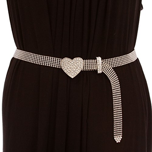 3/4" Rhinestone Heart Mesh Metal Ball Chain Belt, Silver | One Size Up To 36" #TOP1