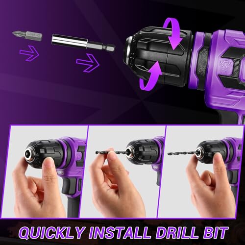 Cordless Drill:DEKOPRO 12V Power Drill Set 800RPM Electric Drills Small Drills with 3/8-inch Keyless Chuck and Portable Tool Set Gift Box (Purple)