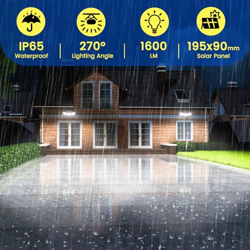 AIXPI Solar Lights Outdoor, 1600LM Bright LED Motion Sensor Light Outdoor 3000mAh 50FT, IP65 Waterproof Adjustable 3 Head Solar Powered Security Flood Light 7000K for Yard, Garden, Garage Black 2 Pack by AIXPI - Image 2
