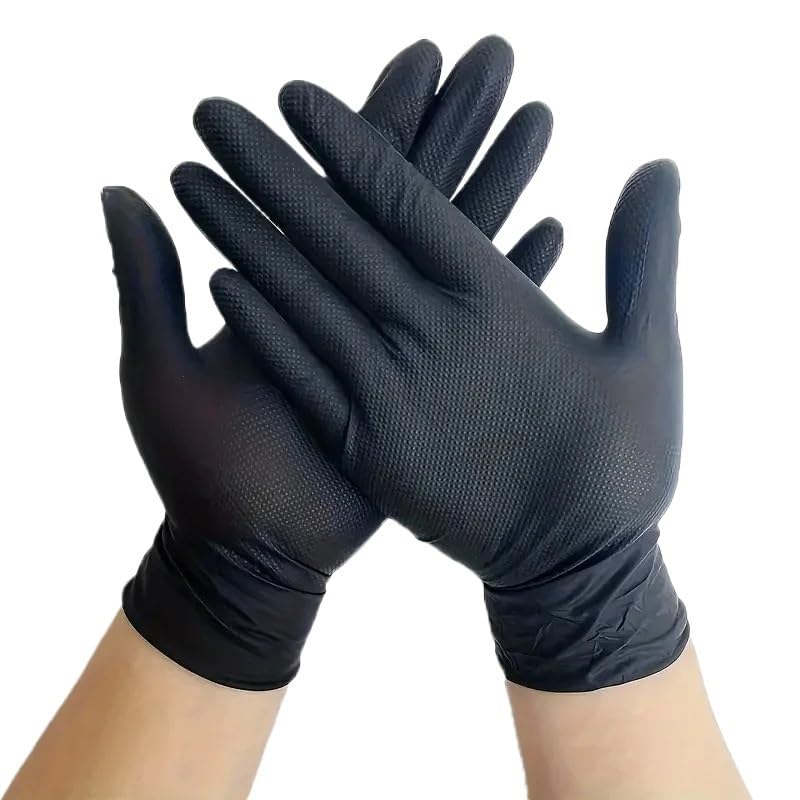 Guantes de nitrilo naranjas resistentes 8 milésimas, desechables, antideslizantes, for jardinería, con agarre texturizado diamante, for limpieza y trabajo, 10/50 unidades(Diamond Black 50PCS,XL)