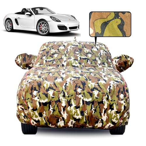Image of Waterproof Car Body Cover for Porsche Boxster with Mirror Pocket, Soft Cotton Lining, Triple Stitched, Full Bottom Elastic (Heat Resistant Jungle Print with Red Piping)