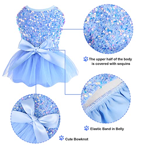 Dog Dress Sweater Winter Dog Dresses For Small Dogs Girl Fall Fleece Warm Puppy Clothes Outfit Apparel Cute Sequins Bowknot Pet Skirt For Cats Holiday Doggie Wedding Dress Coats (Large, Blue) #TOP3