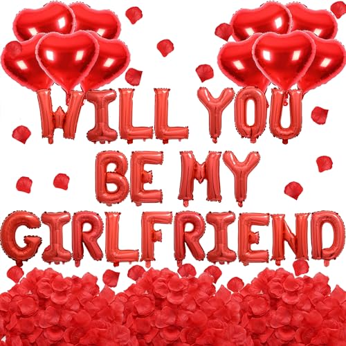 2 Set Red Will You Be My Girlfriend Balloons - 42pcs 16 Letter Balloons 1200pcs Red Artificial Rose Petals 10pcs 18 Heart Balloon Alphabet Foil Mylar Balloon for Valentines Day Decorations