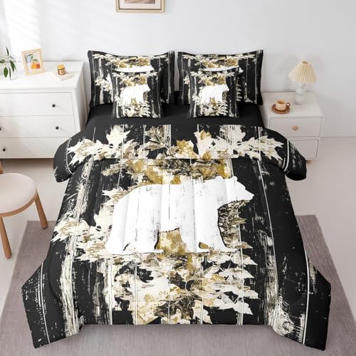 Feelyou Black Bears Comforter Set Queen Size 7 Pieces for Kids Cabin Bear Bed in a Bag Boys Girls Bear Rustic Bed Set Includes Comforter, Sheet Set, Pillowcases & Pillow Covers - Super Soft Breathable