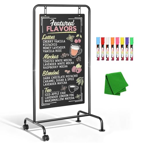 4 THOUGHT Rolling Metal A-Frame Chalkboard Sign with Wheels, 40" x 20" Large Double Sided Sidewalk Sandwich Board, Weatherproof & Stable Easel for Restaurant, Cafe, Business, Wedding