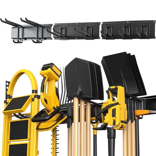 MOOTACO Garage Garden Tool Organizer,Wall Mount Storage Rack,48" Heavy Duty Rack with 7 Hooks & 3 Rails,for Shovel,Rake,Brooms,Mops,Chairs