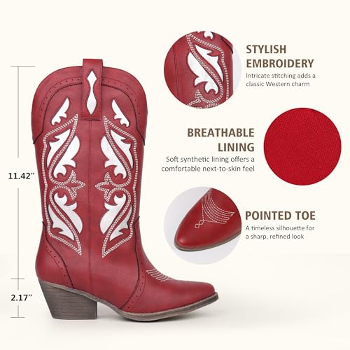Hawkwell Women's Embroidered Stitched Mid Calf Cowboy Boots Slip On Pointed Toe Chunky Block Heel Classic Pull On Cowgirl Western Booties for Ladies,Red PU,8 by Hawkwell - Used condition - Image 4