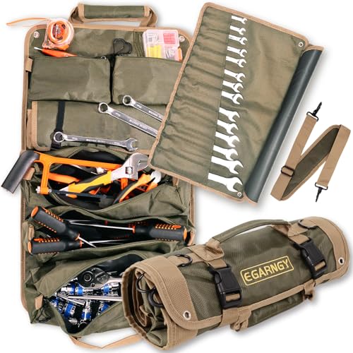 EGARNGY Tool Roll Up Bag, Large Tool Bag Organizer for Electrician, Heavy Duty Detachable with 3 Big Tool Pouches, 1 14-pocket Wrench Organizer, 2 Small Storage Tool Bag, Gift for Men/Dad/Him