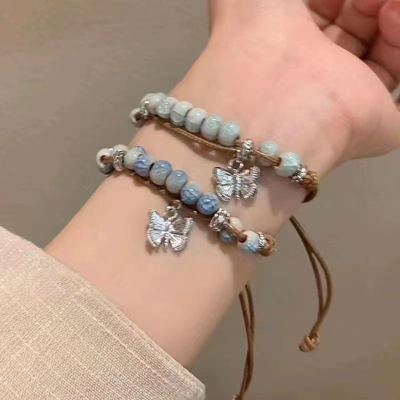 2Pcs Boho Bracelets for Women Vintage Ceramic Bead Bracelet with Butterfly Charm Braided Adjustable Rope Bracelet Light Blue & Light Green Beaded Stackable Bracelets Unique Gift for Friends - Image 2