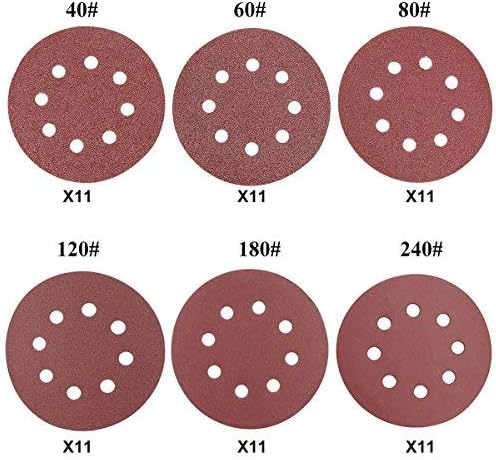 BonyTek 66 PCS 5 Inch 8 Hole Sanding Discs, 11 Discs Each of 40 60 80 120 180 240 Grits Hook and Loop Sander Sand Paper Assortment for Random Orbital Sander