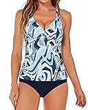 HAIVIDO Tankini Sets for Women V Neck Criss Cross Back Adjustable Straps Two Piece Swimsuits with Bikini Bottom Blue White Flower M