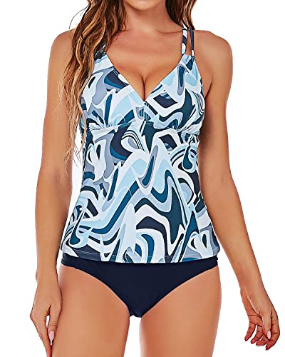 HAIVIDO Tankini Sets for Women V Neck Criss Cross Back Adjustable Straps Two Piece Swimsuits with Bikini Bottom Blue White Flower M
