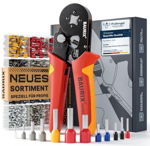 BAURIX® Crimpzange mit 1820 Aderendhülsen Set – Aderendhülsenzange selbsteinstellend 0,25–10 mm², 8-18mm Länge – Elektriker Werkzeug für zuverlässige Kabelverbindungen – PERSEUS (4-Kant)