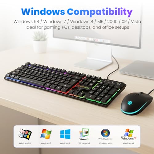 Image of LAPCARE Rapido II Wired Gaming Keyboard & Mouse Combo with Rainbow LED Backlit, 104 Laser Printed Keys, 1600 DPI Gaming Mouse, USB Plug & Play, Windows Compatible