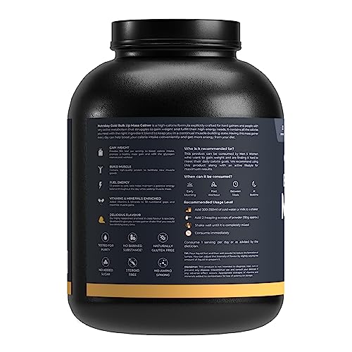 Image of Nutrabay Gold Bulk Up Mass Gainer Powder - 3kg, Mango | 30g Protein, 104g Carbs, 554 Calories | Easy to Digest | 100% Veg Muscle Building & Weight Gainer Supplement for Men & Women