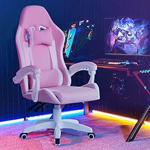 LEMROE Professionele videogamestoelen Kunstleer gamingstoel met hoge rugsteun en voetsteun 360 graden draaibare schommelstoel voor thuiskantoor (roze)