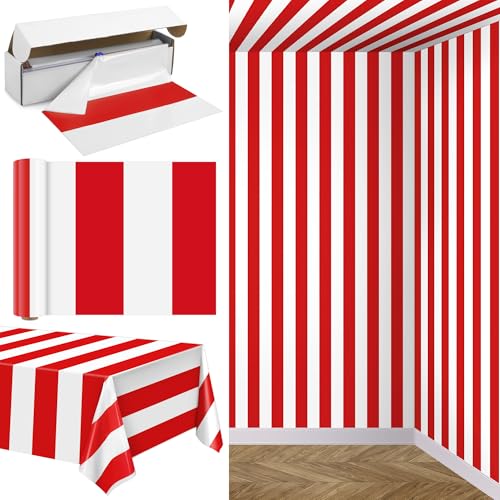 Image of Kochorie 100 Ft x 54 Inch Red & White Striped Tablecloth Roll with Cutter Box Disposable Carnival Circus Tablecloth Cut to Size Table Cover Backdrop for Carnival Party Table Stage Supplies
