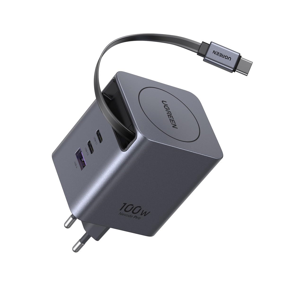 Carregador Ugreen Nexode GaN Infinity 1x USB-A + 2X USB-C 100W com Cabo Retrátil