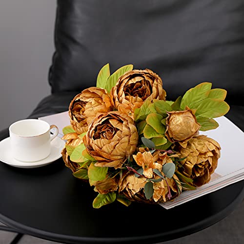 Floralsecret 2 Pack Artificial Silk Peony Bouquet Flower Arrangement Room Decor Vintage Wedding Centerpiece (Gold) #TOP3