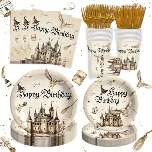 120 Pcs Magical Wizard Party Supplies for Boys Girls Witch Wizard Magic Happy Birthday Tableware Set Magical Party Plates and Napkins Kit Party Serves 20 Guests
