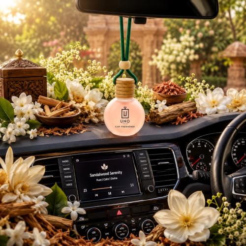 Image of UNO AROMA Sandal Wood Car Air Freshener, 15ml, Long Lasting Hanging car perfume, Toxin-Free Oil in Glass Bottle with Wooden Diffuser, Car Accessories for fresh aroma, Last Upto-60 Days