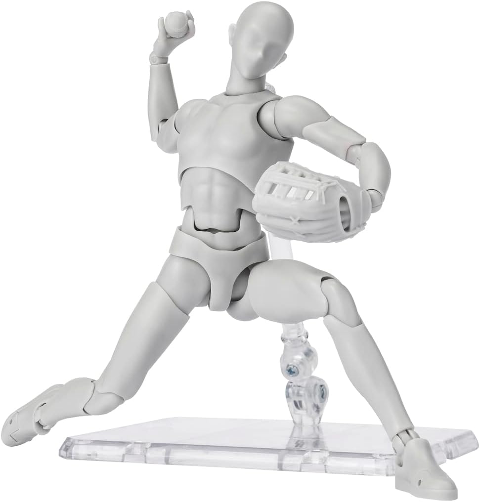 Body-Kun figure in a baseball pitching pose on a clear display stand, holding a baseball and wearing a catcher's mitt.