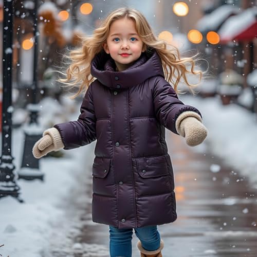 Girls Mid Puffer Jacket Quilted Button Hooded Coat Fleece Thickened Winter Warm Jacket with Pockets Soft Comfy Coat4
