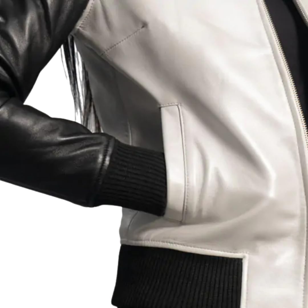 Women's Two-Tone Leather Sleeve Bomber Jacket – Black & White Zip-Up with Ribbed Collar & Cuffs