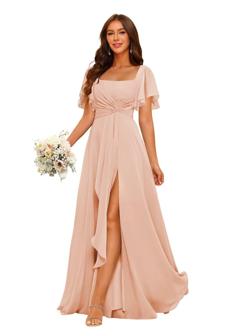 Dessiny Women's Short Sleeves Bridesmaid Dresses with Slit Pleated Formal Evening Dress with Pockets DEN005