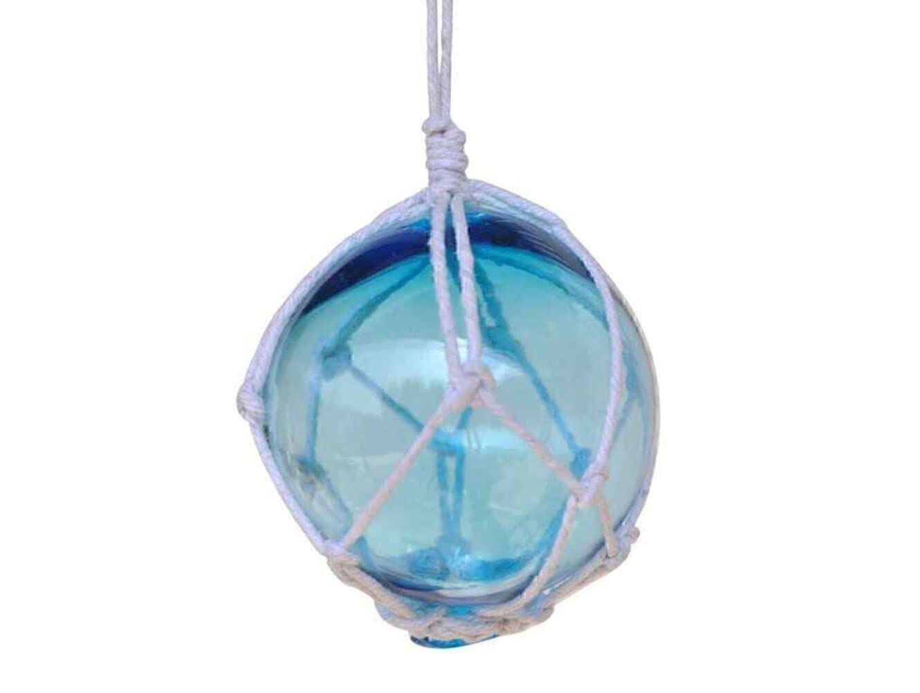 Handcrafted Nautical Decor Light Blue Japanese Glass Ball with White Netting Christmas Ornament 3" - CHRI