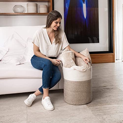 Organihaus Brown Toy Basket For Storage | Baby Laundry Basket | Throw Blanket Basket For Living Room | Large Woven Baskets For Storage | Tall Basket | Towel Basket & Blanket Holder For Bedroom - 15X18 #TOP3