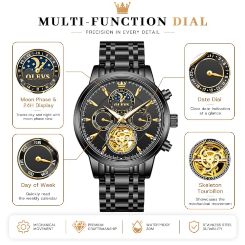 Image of OLEVS Automatic Watches for Men Luxury Dress Calendar Moon Phase Skeleton Mechanical Men's Watch Stainless Steel Waterproof Luminous Self Winding Wrist Watch Gold /Blue /Silver /Black Dial