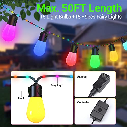Dreamcolor Outdoor String Lights With Fairy Bulbs, 50Ft Rgbic String Lights For Outside With 213 Scene Modes, 15 Led Bulbs, Multicolor Ip65 Waterproof Dimmable Patio Lights For Party, Holiday #TOP2