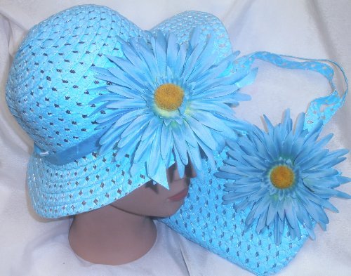 Turquoise Blue Easter Hat Woven Spring Hat Matching Purse Tea Party or Dress Up