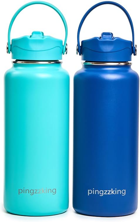 2Pack Pingzzking Insulated Stainless Steel Water Bottle, 32 oz, Double Wall, Leak-Proof Lid, BPA-Free, with Straw (2, Skyblue+Blue)