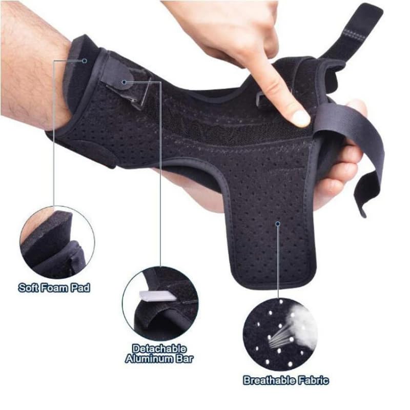 Detailed view of the night splint showing soft foam pad, detachable aluminum bar, and breathable fabric.