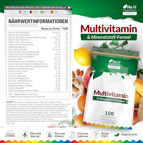Multivitamin-Tabletten für Männer & Frauen - 180 Tabletten - 6 Monats-Vorrat - 25 A-Z Multivitamine & Mineralien mit Eisen, Zink & Vitamin D - Eine pro Tag - Nu U Nutrition