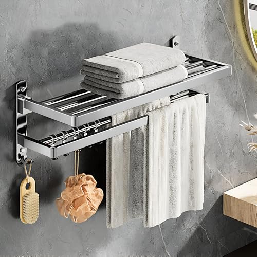 Image of Pivalo 304 Grade Stainless Steel Folding Towel Rack Dual Stand Hanger with Hooks & Holder Rod for Bathroom Accessories (Pack of 1, Silver, 1024A)
