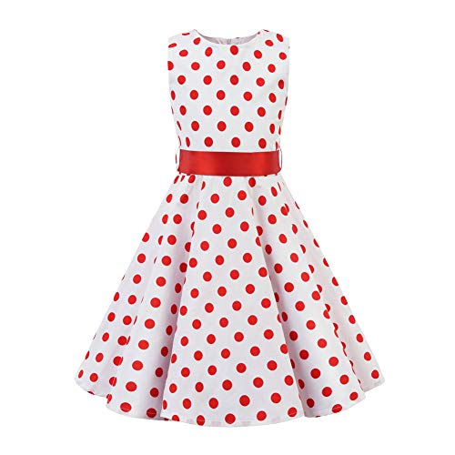 SXSHUN Mädchen Retro Vintage Rockabilly Kleid Partykleider Cocktailkleider Im 50er-Jahre-Stil, Rot Punkt, 122/128 (Etikettengröße:130)