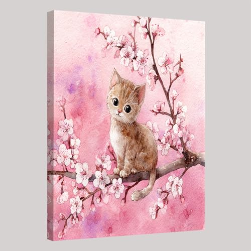 Rose Tableau décoratif Fleurs et chatons sur toile 60x40 cm Impression artistique haute qualité Cadre bois Prêt à accrocher pour chambre salon bureau...