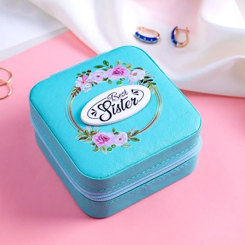 Image of P Arts Faux Leather Jewellery Organiser Box, Small Jewellery Box Organiser For Ring, Pendant, Earring, Necklace, Bracelet Jewellery Box For Women with Wooden Earrings for Women, Sea Green 4x4 Inch