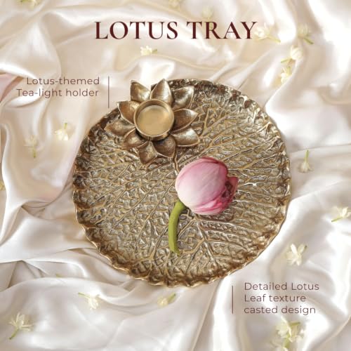 Image of BEHOMA Golden Metal Lotus Pooja Thali with Tea-Light Holder, 25.5cm | Golden lotus-design metal tray with tea-light holder; perfect pooja thali for weddings, haldi & mehndi.