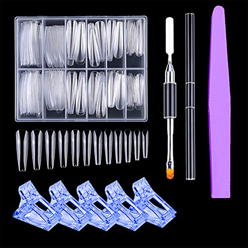 Oirtmiu 247 Pieces Dual Nail Forms Set include 240 Pcs Stiletto Gel Nail Molds 5Pcs Pink Acrylic Nail Tips Clips 1Pc Dual-Ended Poly Extension Gel Brush and 1Pcs Nail File Girl Nail DIY Tool Kit