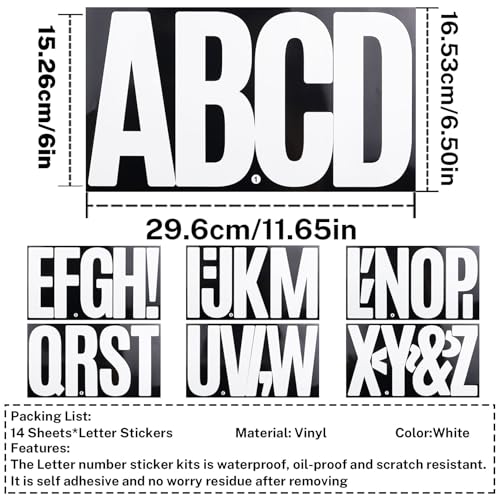 6 Inch Large White Letters Stickers, 76 Pieces Self Adhesive Alphabet Sticker for Mailbox,Door,Truck and Outdoor, Waterproof&Weatherproof Sticky Vinyl Letter Symbol Stickers,14 Sheets