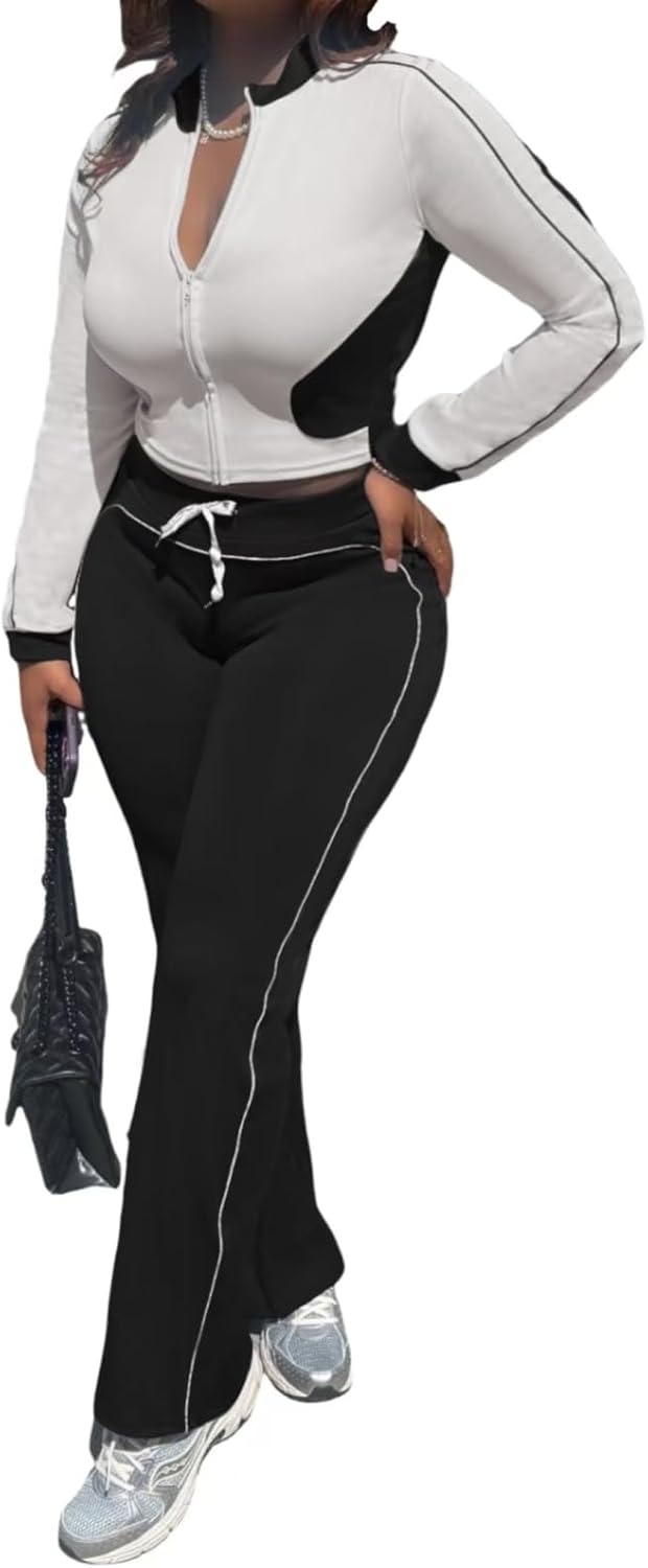 Uni Clau Women 2 Piece Jogging Sets Tracksuit Bodycon Outfits Long Sleeve Fall Sweatsuit Zip Up Crop Top workout sets